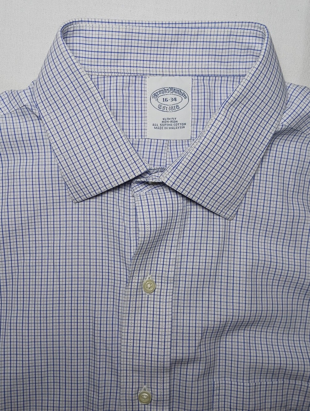 Brooks Brothers Mens Slim Fit Non Iron Dress Shirt Large 16-34 Blue Check Supima